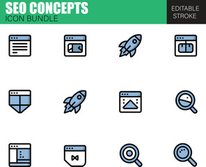 SEO Concept Icon Bundle – Flat Vector Symbols for Search Engine Optimization, Digital Marketing, and Website Ranking Strategies


