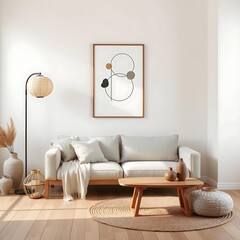 japandi living room with abstract geometric wall art, minimalist scandinavian japanese interior style decor