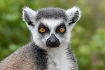 Fototapeta premium Ringtailed lemur with orange eyes faces forward in an outdoor setting