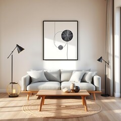 japandi living room with abstract geometric wall art, minimalist scandinavian japanese interior style decor