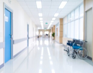 Abstract blur luxury hospital corridor. Blur clinic interior background with defocused effect. Healthcare and medical concept.