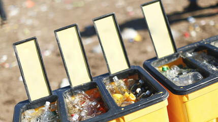 Images of modern recycling centers, colorful waste sorting bins, conveyor belts with materials, and eco-conscious infrastructure.