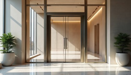 Fototapeta premium Modern minimalist office entrance, glass doors, well-lit lobby. Interior design features clean lines, open spaces, natural light. Business setting, commercial real estate, architectural detail.