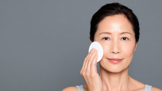 Asian woman applying skincare product with cotton pad, showcasing beauty routine and self-care practices in a minimalistic setting, emphasizing healthy skin and personal grooming