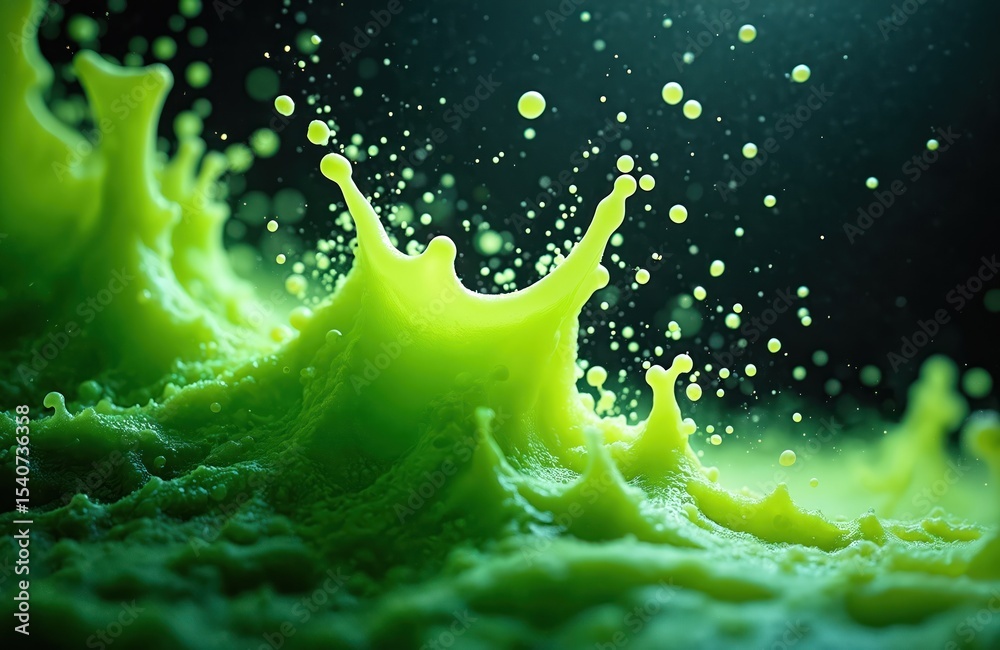 Aufkleber Abstract green liquid splash, bubbles on dark background. Dynamic fluid motion creates vibrant energy. Splatter texture art design with macro closeup detail. Shiny glossy surface pattern.