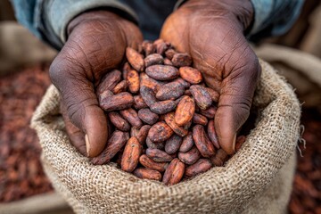 Hands of a cocoa farmer cradle a collection of freshly harvested cocoa beans while surrounded by burlap sacks. The setting highlights the hard work involved in cocoa production