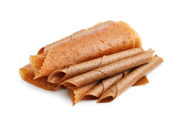 Delicious fruit leather rolls isolated on white