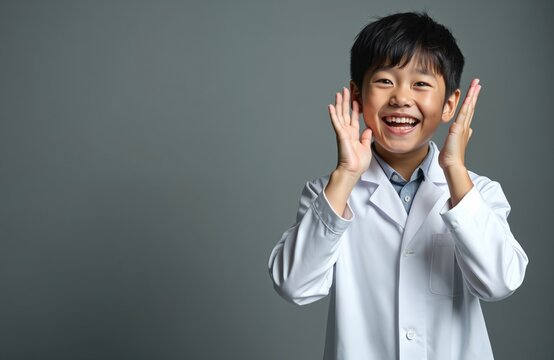 Young japanese boy wearing lab coat smiles excitedly. Happy child raises hands. Cheerful kid with joyful expression, dressed in science lab coat on gray background. - Powered by Adobe