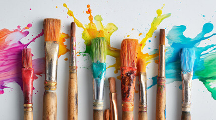 Paint Brushes and Colorful Splashes Flatlay
