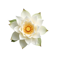 Beautiful White Lotus Flower Blossoming with Delicate Petals and Vibrant Yellow Center in Nature on White Background top view
