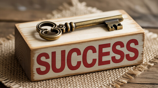 A close-up macro photograph of a brass key and a wooden block with the word SUCCESS printed in red capital letters, placed on a textured burlap fabric background.