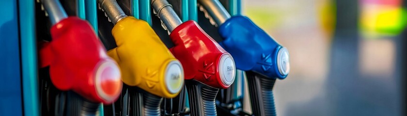 Colorful Fuel Pump Nozzles Close-up Composition, Vibrant Red, Yellow, Blue, Gas Station, Energy Gas Station, Fuel Pumps
