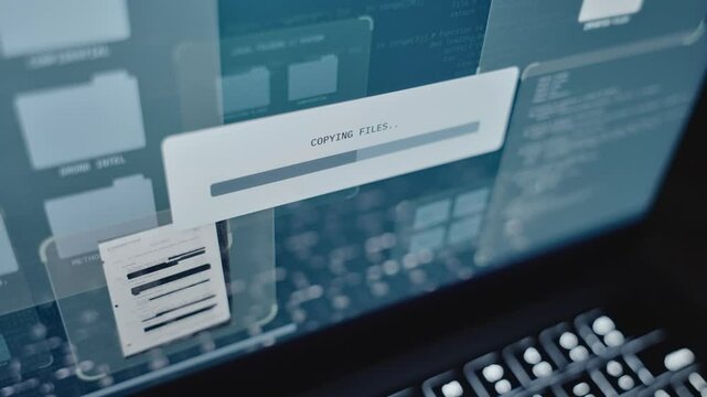 Close up computer screen progress bar copying top secret documents to server. Stealing and hacking classified sensitive information from government agency archive or database. Breaking security breach