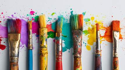 Paint Brushes and Colorful Splashes Flatlay