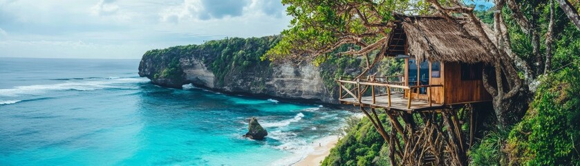 Oceanside Treehouse Cliffside Bungalow Composition, Tropical Paradise, Bali. Travel, Vacation