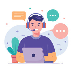 Smiling man with headset works on laptop amid colorful speech bubbles and shapes