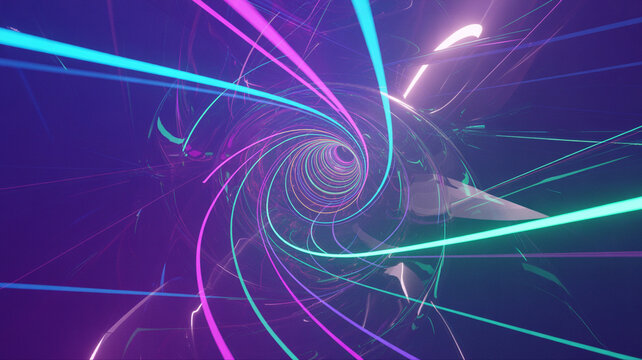 Vibrant neon spirals create a mesmerizing tunnel effect with dynamic light patterns in a futuristic setting