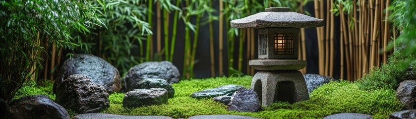 Serene Stone Lantern in Mossy Zen Garden, Stone Lantern, Zen Garden Keywords Japanese, Tranquility