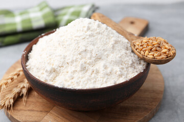 Wheat flour in bowl, grains and spikes on grey table, closeup
