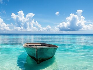 Serenity Teal Boat in Turquoise Waters, Cloudy Sky, Single Rowboat Composition, Peaceful Ocean Scene, Tropical Paradise Keywords Boat, Ocean