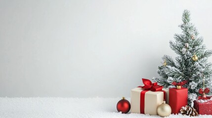 Snowy Christmas Scene Gift Boxes, Decorated Tree, Minimalist Composition, Holiday Background, Winter Wonderland Christmas, Holiday