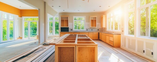 Sunny Kitchen Under Construction Wood Cabinets, Island Installation, Bright Windows, Home Renovation Home Improvement, Kitchen Remodel