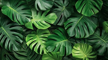 Tropical Monstera Leaf Composition Lush Green Foliage Flat Lay, Monstera deliciosa, Jungle Aesthetic Tropical Leaves, Green Background