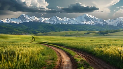 A winding dirt road through a vibrant green field leads to snow-capped mountains.