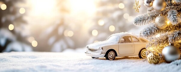 Winter Wonderland Snowy Car by Christmas Tree, bokeh lights, festive, holiday. Christmas, Toy Car