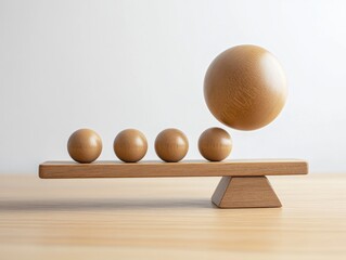 Wooden Balance Scale with Falling Sphere Composition of Five Spheres and Seesaw, Minimalist Concept, Equilibrium, Balance Equilibrium, Minimalism