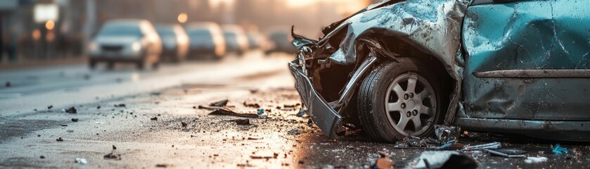 Wrecked Car After Accident Close-up Composition, Damage Details, Road Safety Concept, Car Crash Image Car accident, road safety