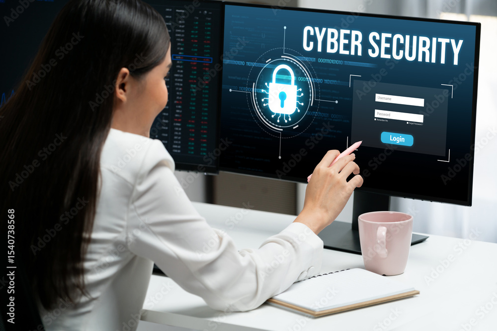 Poster cyber security system on computer screen protect private information brisk from hacker and cyber att