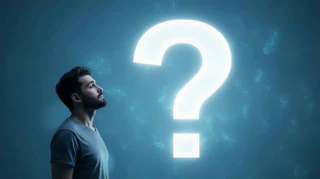 Person look at glowing question mark sign symbol of inquiry