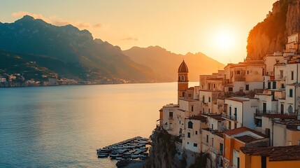 Coastal town at sunset with moored boats.