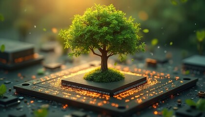 Tree grows on top of computer chip. Concept of tech, nature fusion, innovation. Represents eco-friendly tech, sustainability, digital future, hardware, green energy, modern progress. Digital world