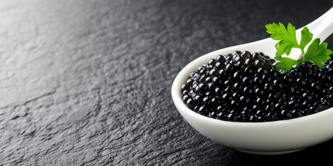 A Concept of caviar in a white bowl for National Caviar Day