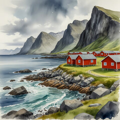 Watercolor Illustration of Vikten, Lofoten Islands, NorwayA small stone beach in Vikten with waves gently rolling in under gray skies. Behind, grassy cliffs rise steeply, and a few scattered red woode