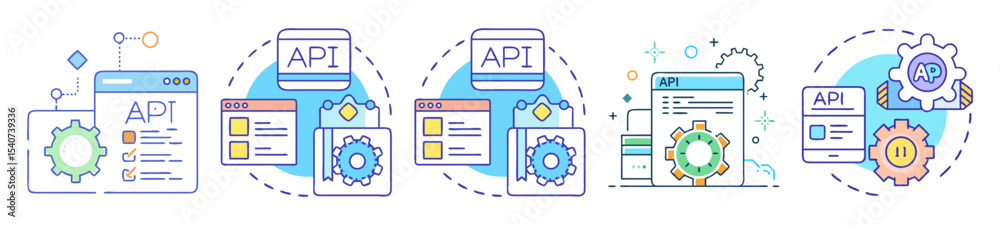 Poster conceptual representations of api integration, development, and management in a vibrant color scheme