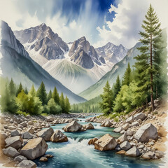 Watercolor Illustration of Valbona Valley, AlbaniaA clear alpine river cutting through a forested valley surrounded by rugged mountain peaks. Use realistic textures—pebbled shores, fir trees, and the 