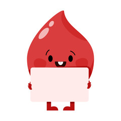 Cute blood drop character sitting and holding sign