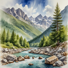 Watercolor Illustration of Valbona Valley, AlbaniaA clear alpine river cutting through a forested valley surrounded by rugged mountain peaks. Use realistic textures—pebbled shores, fir trees, and the 