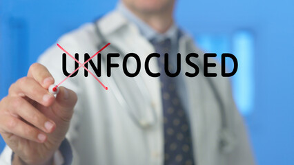 Doctor crossing out the word unfocused on a virtual screen, representing a commitment to enhancing concentration and achieving clarity in healthcare practices and patient care