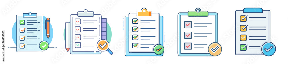 Aufkleber diverse checklist clipboards with checkmarks representing task completion and verification processes