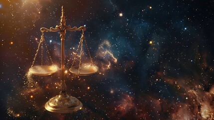 Ornate scales of justice against a backdrop of cosmic nebulae.