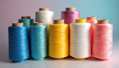 Close-up of various color rayon threads. Thread spools arranged in a group. Spinning weaving materials, craft supplies. Sewing and textile industry, craft hobby background.