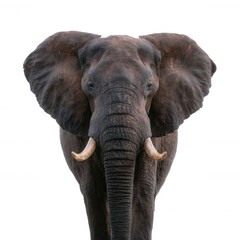 Naklejka premium A majestic elephant standing gracefully, showcasing its large ears and impressive tusks against a white isolated background.