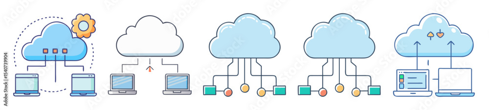 Poster various cloud computing network concepts showcasing communication between devices and data servers