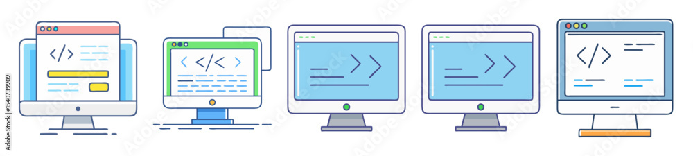 Poster various computer screens displaying different types of code and information visuals