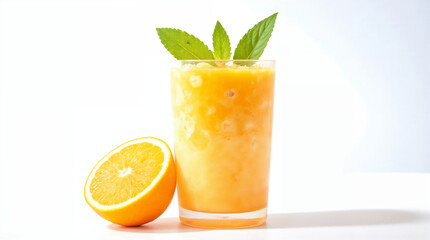 Fototapeta premium Refreshing Orange Juice: A vibrant glass of freshly squeezed orange juice, adorned with sprigs of fresh mint, alongside a juicy orange half, offering a visual feast of health and refreshment.