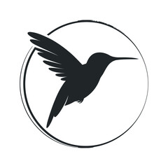 Silhouette of a hummingbird in flight within a circular frame